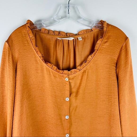 Soft Surroundings orange ruffle button front boho satin office top large - Picture 2 of 8